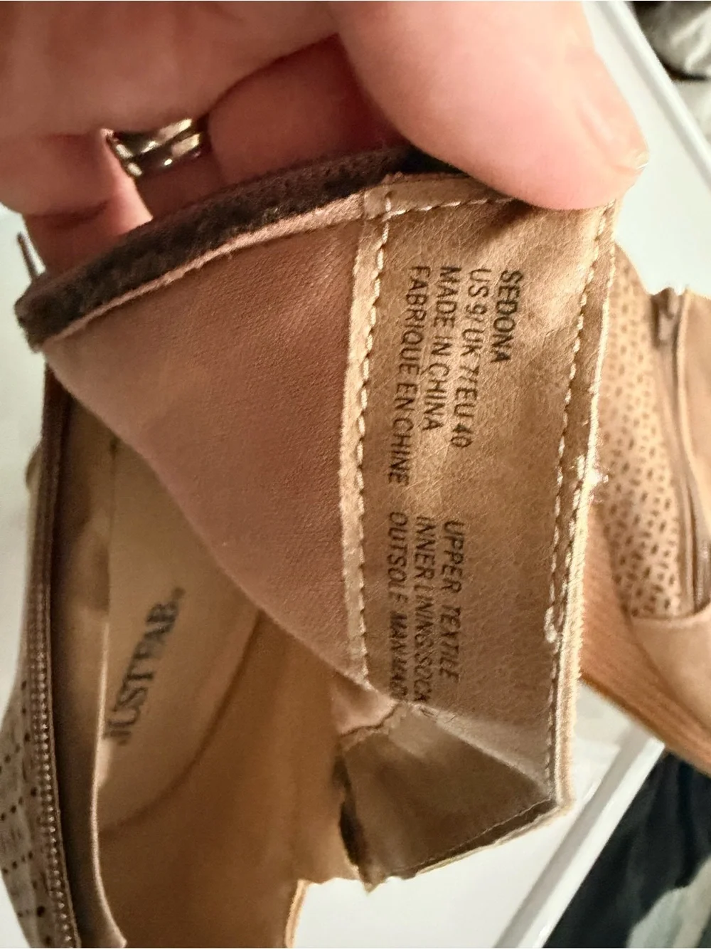 JustFab Tan Perforated Suede Wedge Booties with Side Zipper